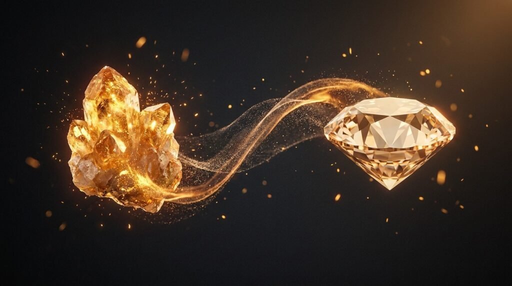 A rough raw gold crystal transforming into a polished faceted gem — turning a raw skill into a refined, sellable productized offer