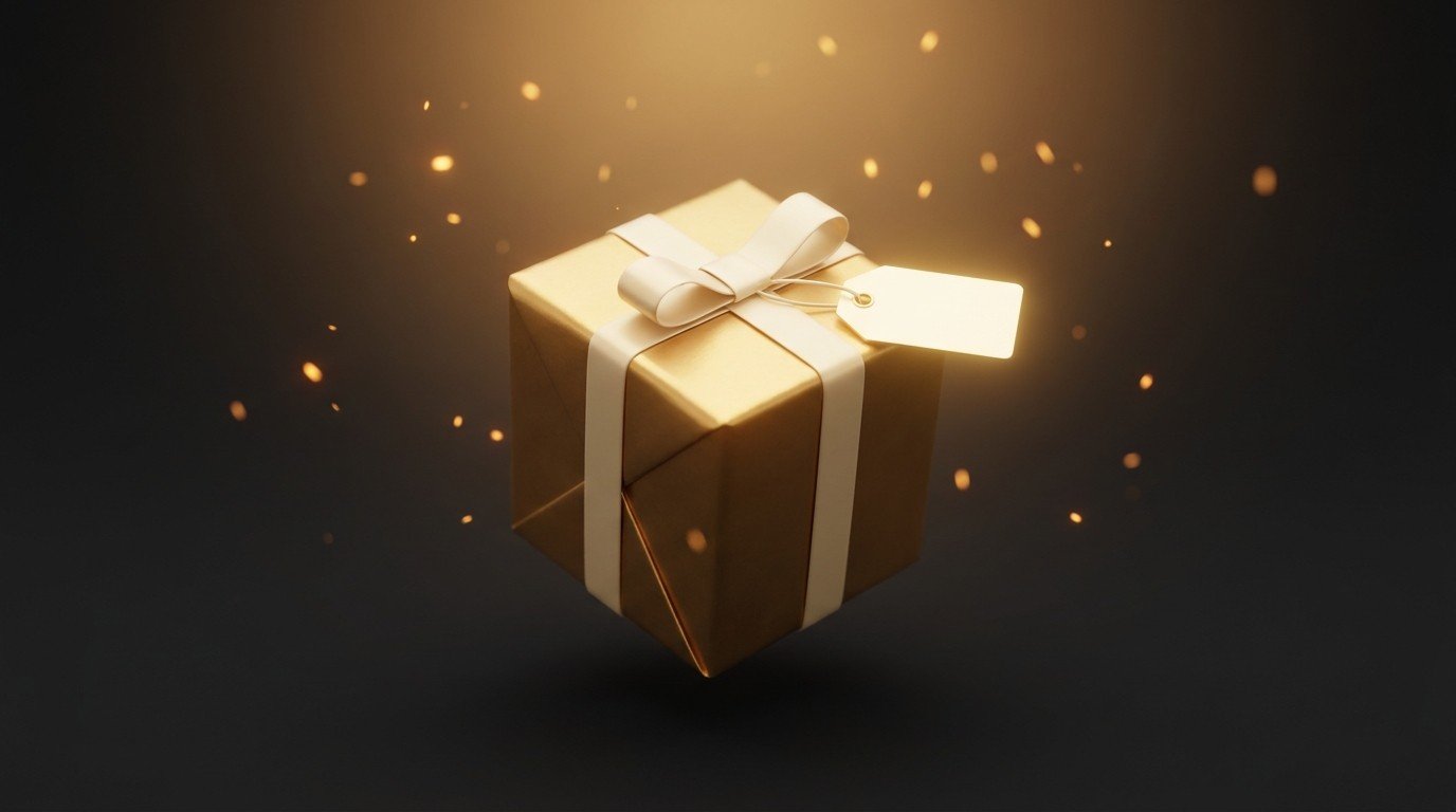 A single wrapped golden gift box with a glowing tag floating in dark space — a skill scoped and packaged into one clean sellable offer