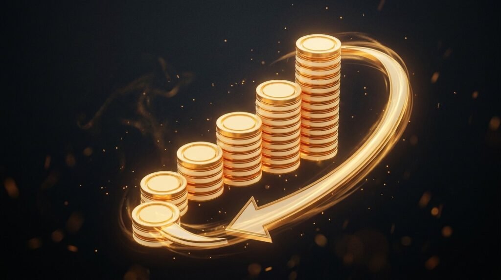 Rising glowing gold coin stacks connected by a looping arrow feeding back into the base — recurring revenue compounding month over month