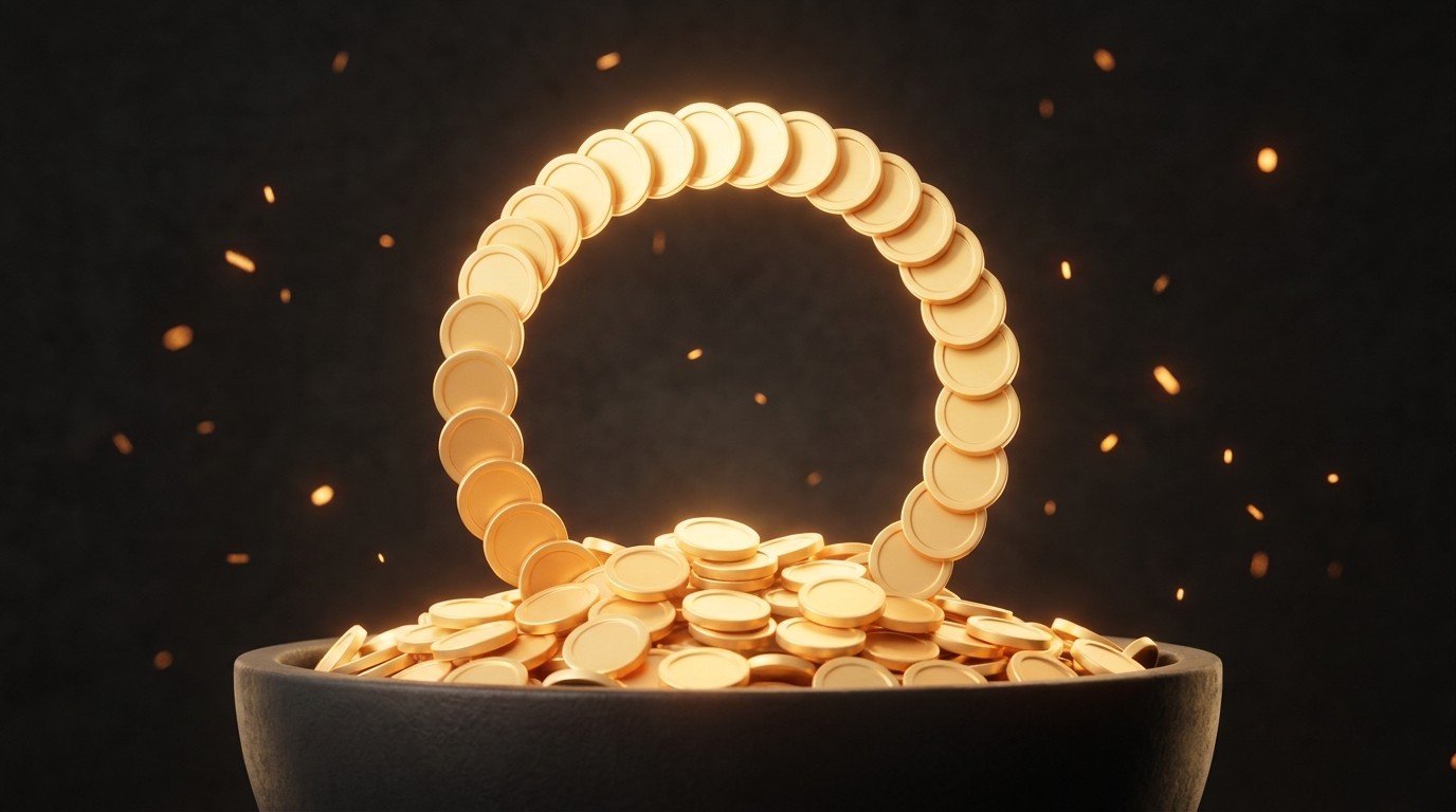A circular loop of gold coins flowing back into a steadily growing reservoir — a self-sustaining cycle of recurring subscription income