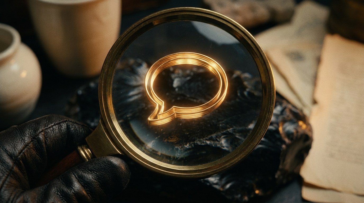 A glowing gold chat bubble viewed through a magnifying glass — scrutinize what ChatGPT says rather than trusting it, because AI is sycophantic by design
