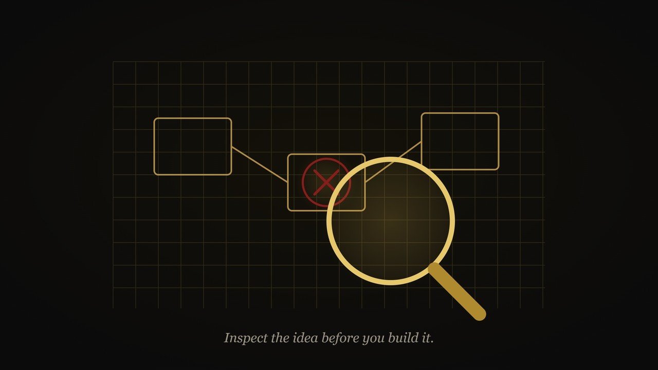 A gold magnifying glass inspecting a blueprint of connected boxes on black, with one flawed node circled and marked with a red X — inspect a business idea before building it