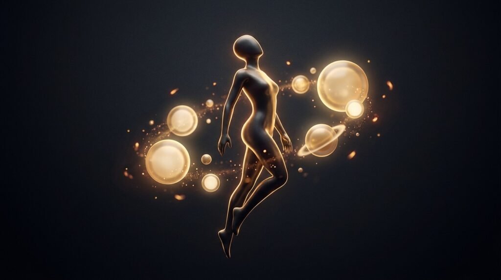 A confident figure rising with several glowing golden orbs orbiting them like acquired skills — building high-leverage skills that raise your income