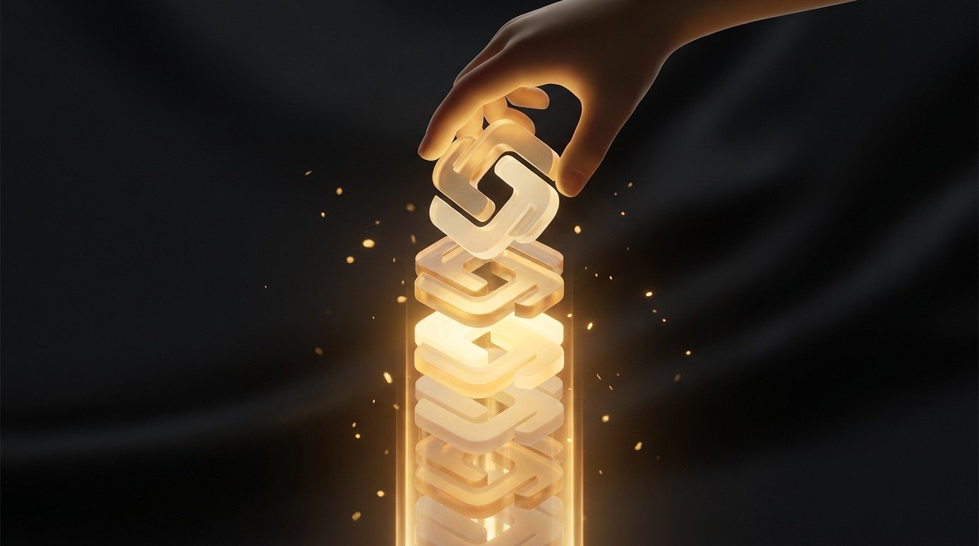 A hand stacking glowing golden interlocking tokens that grow brighter as they combine — stacking complementary skills into a rare, valuable combination