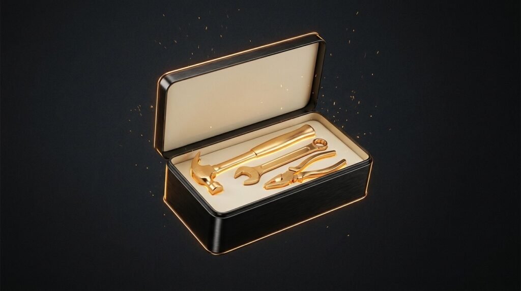 A neat minimal toolbox holding just a few essential glowing golden tools — the lean under-$50-a-month solopreneur tool stack