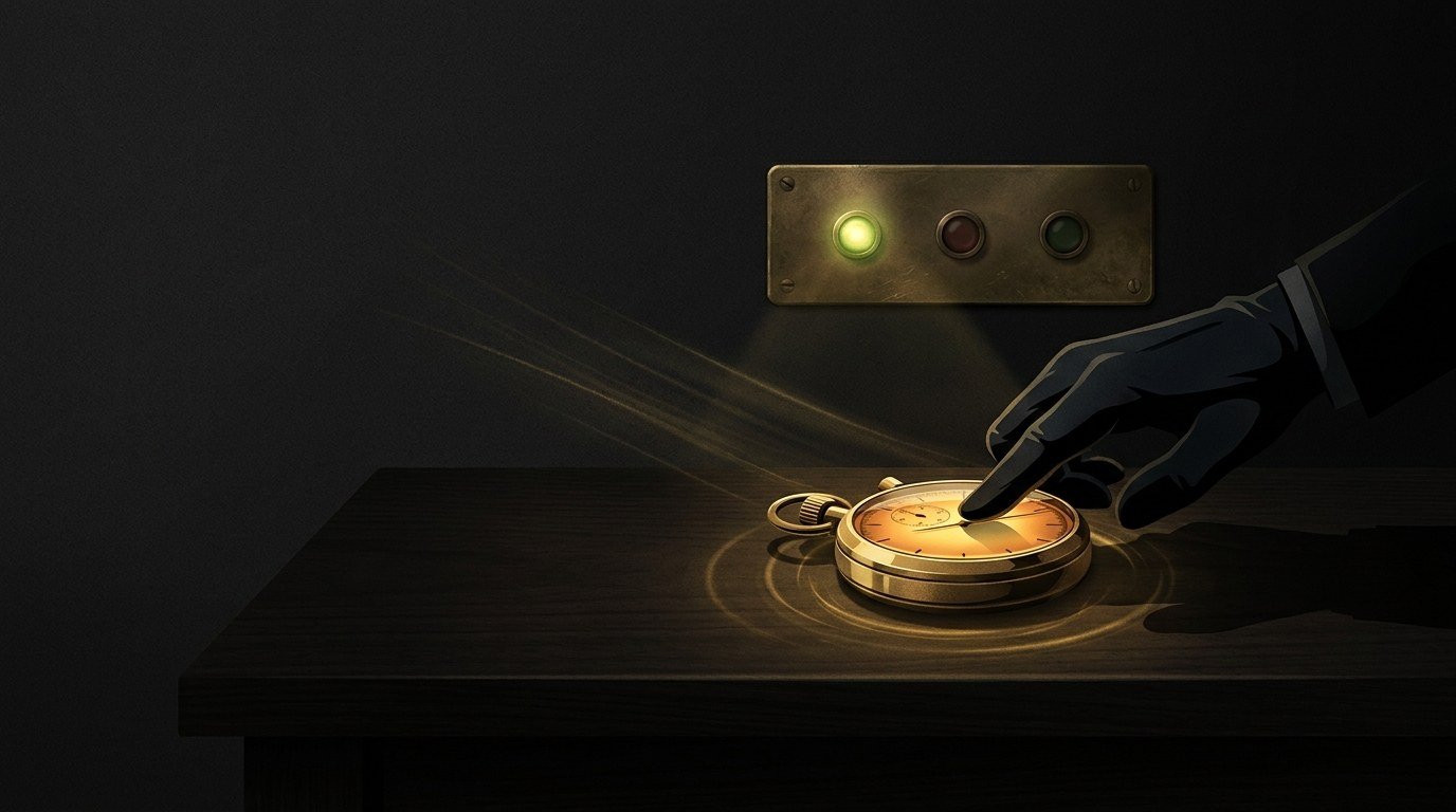 A hand pressing a glowing gold stopwatch onto a dark table like a gavel beside a brass panel of signal lights with one lit — the Sunday-night proceed, pivot, or kill verdict