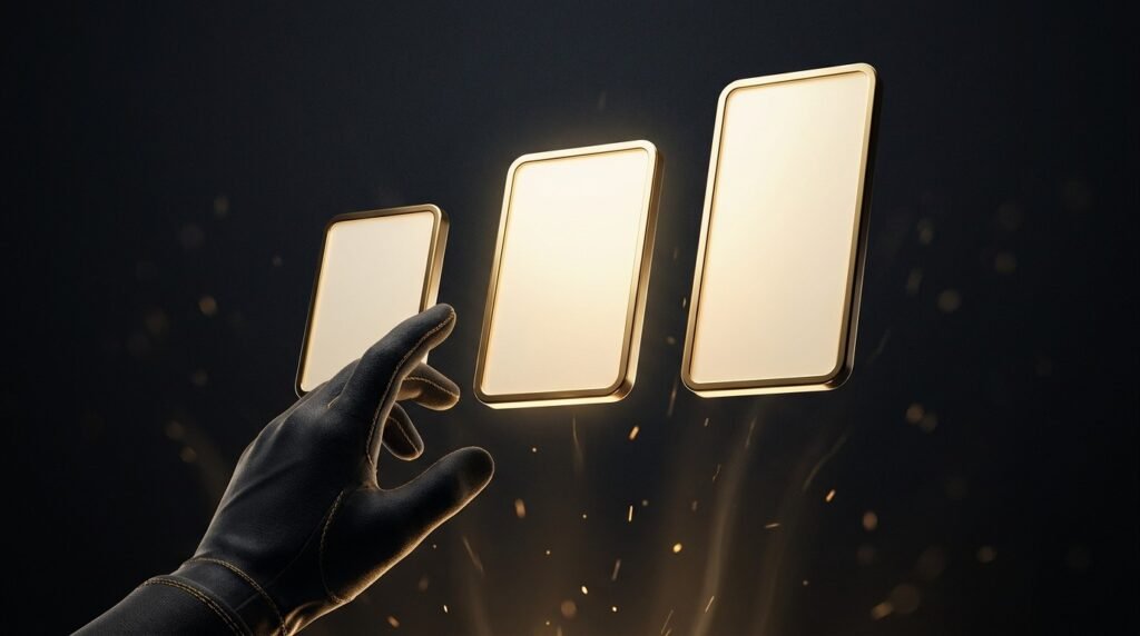 Three glowing gold price-tag cards of increasing height with a hand reaching for the middle one — testing which price real people will actually pay