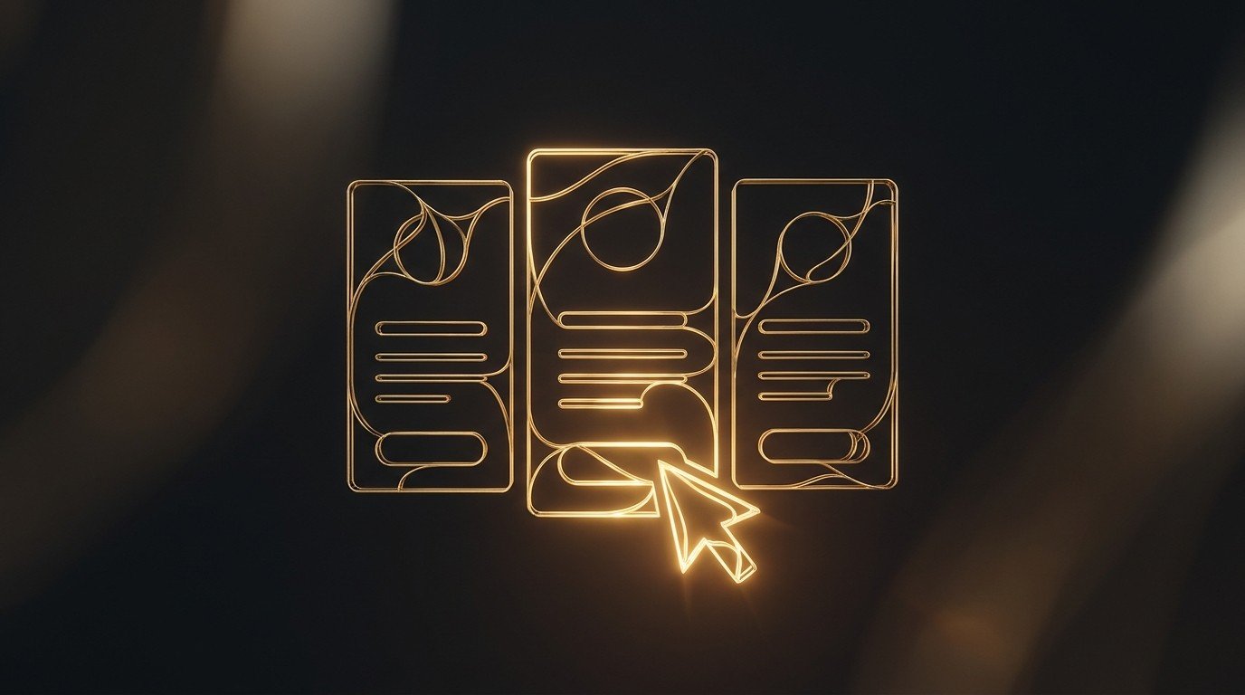 A gold wireframe pricing page with three tiers, the middle one glowing brightest as a cursor clicks it — the pricing-page click test that reveals which tier people reach for
