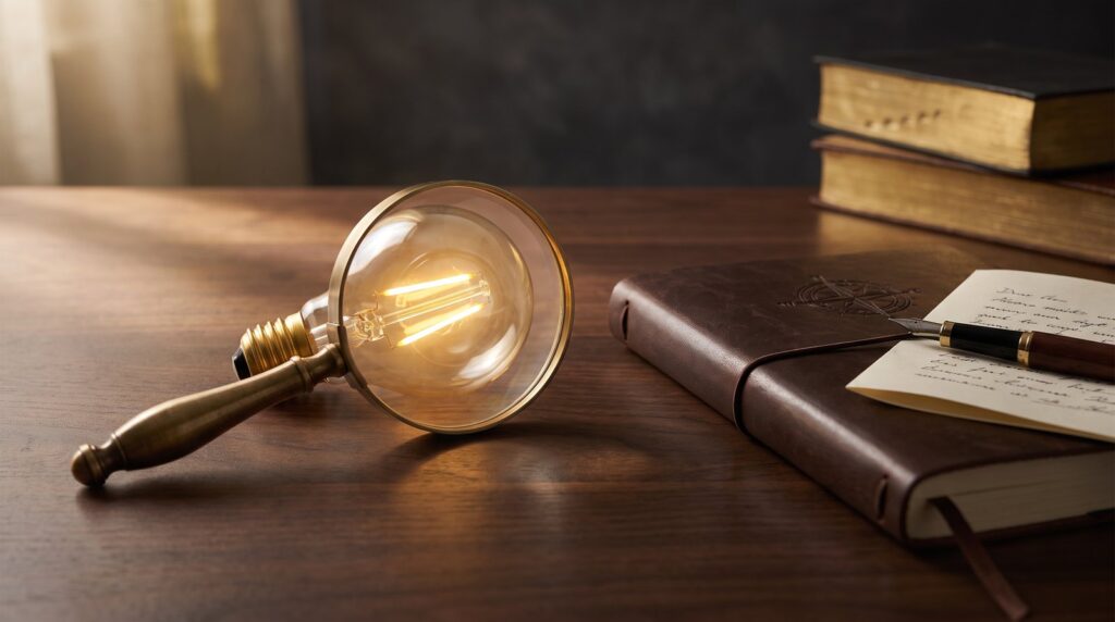 A golden lightbulb examined under a brass magnifying glass beside a checklist notebook — validating a business idea before building