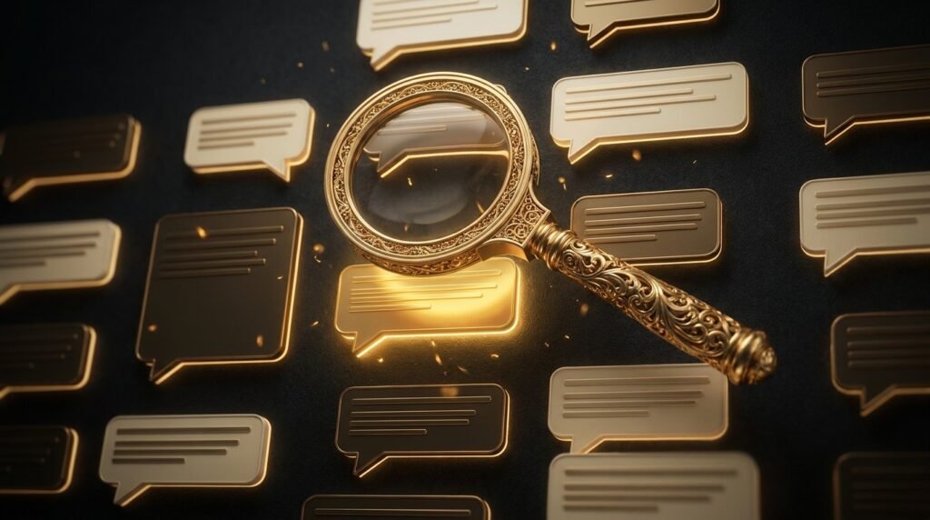A gold magnifying glass over a dark wall of glowing forum-thread cards with one thread lit brightest in gold — mining Reddit conversations to validate a business idea