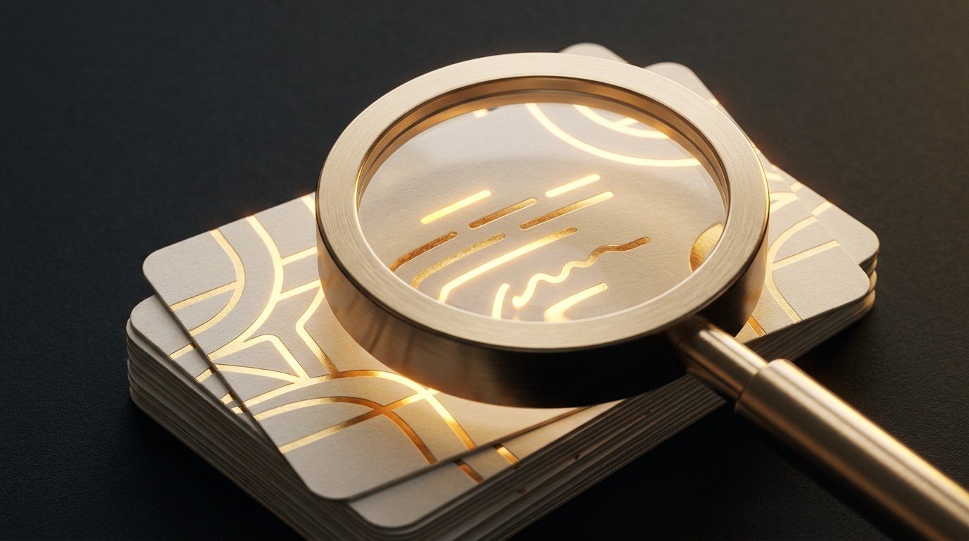 A gold magnifying glass over a stack of message threads with key phrases highlighted in gold — collect your customer's exact language from existing Reddit threads