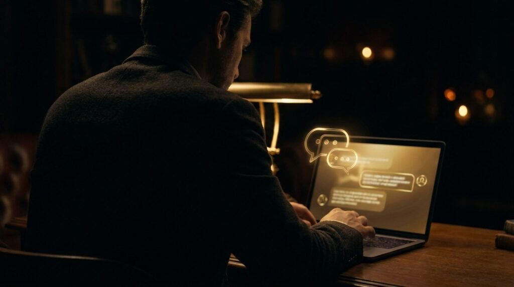 A person at a laptop at night, the screen glowing warm gold with an AI chat conversation — using ChatGPT to research and validate a business idea