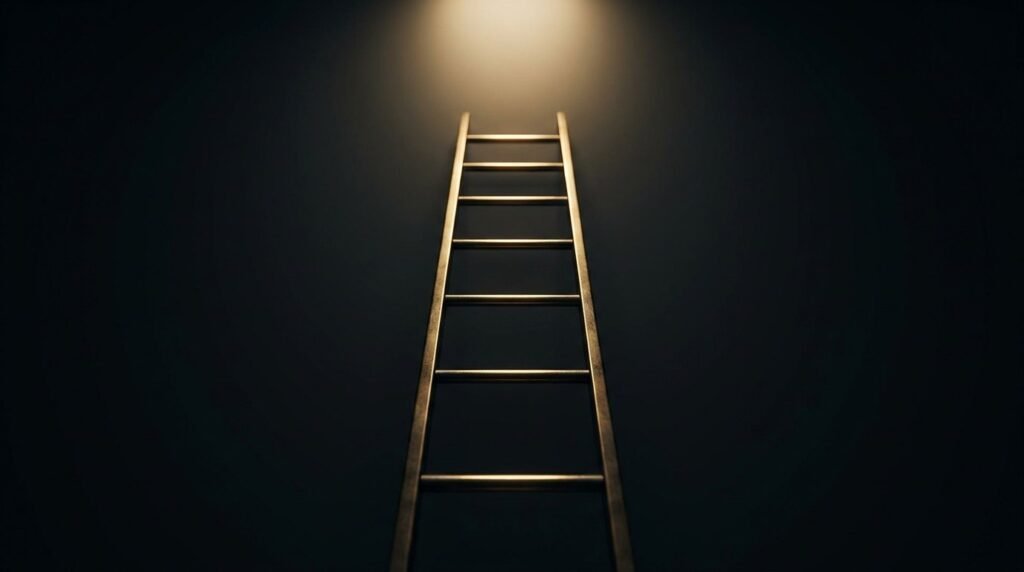 A slender brass-gold ladder rising through darkness toward a warm glow — climbing the validation ladder without spending money