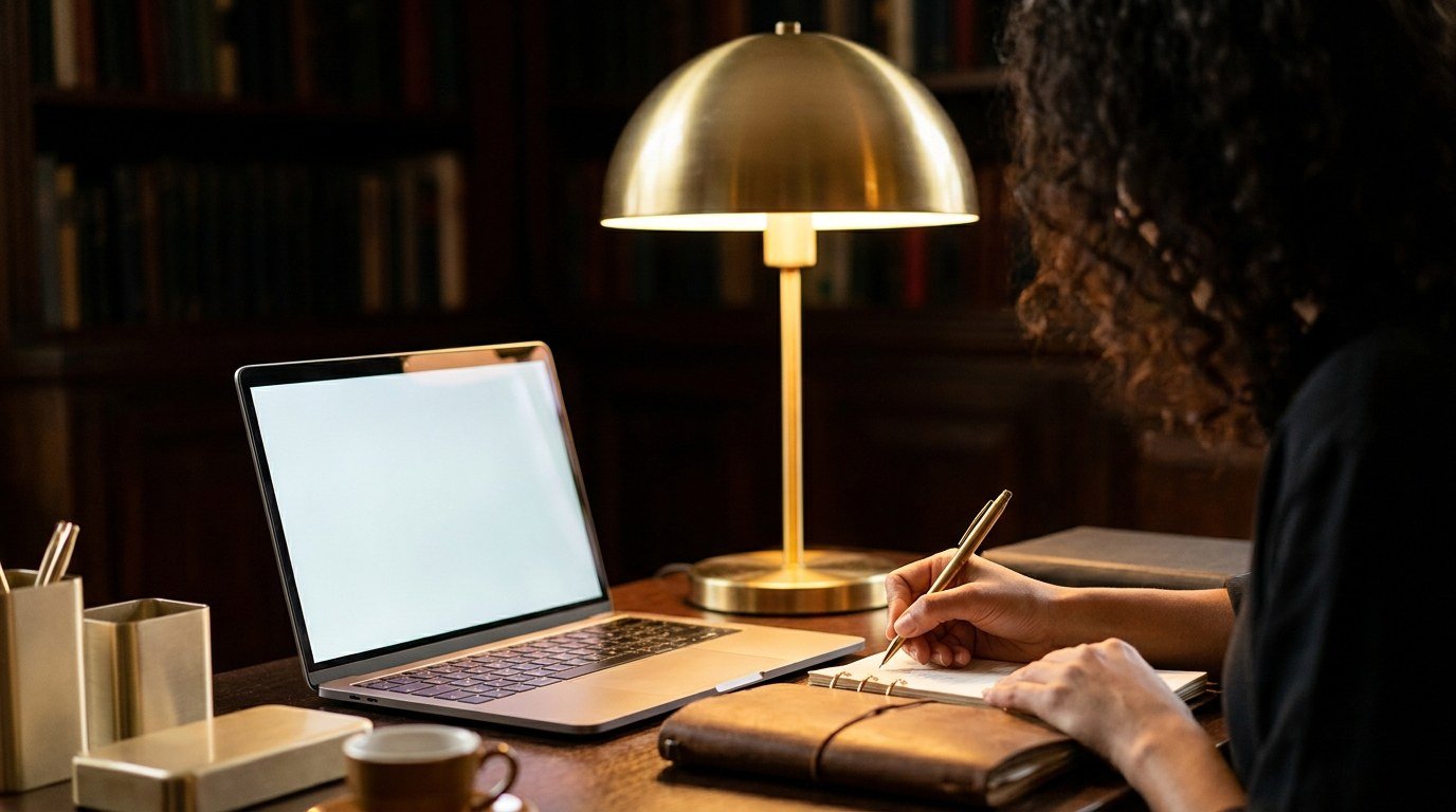 A person handwriting notes beside a laptop under warm gold light — planning free validation tests before building anything