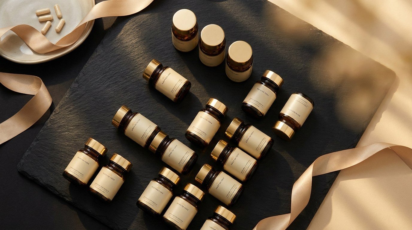 Rows of gold-capped vitamin bottles arranged neatly — the vitamin side of the painkiller vs. vitamin test