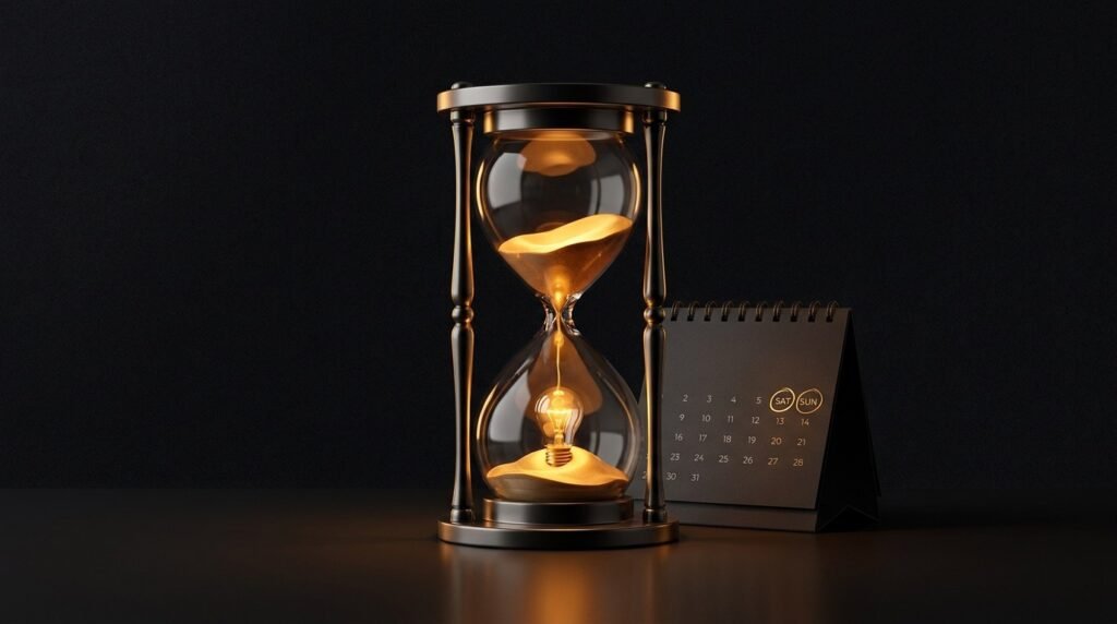 An elegant hourglass with molten gold sand forming a tiny lightbulb, beside a desk calendar with the weekend circled in gold — validate a business idea in 48 hours
