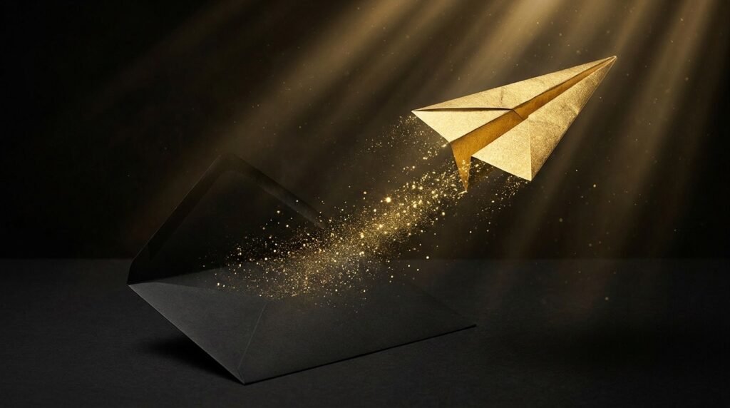 A gold paper plane leaving an envelope, sending cold email templates to first clients