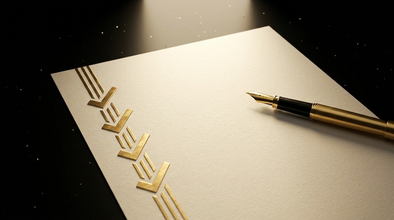 A single page marked with gold chevrons beside a fountain pen, the one-page case you bring when you ask for a promotion
