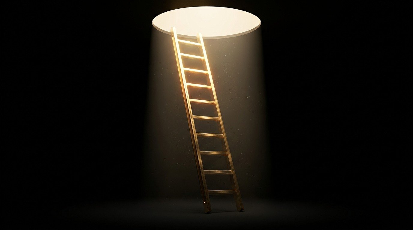 Stacked gold chevrons rising, moving up to the next level