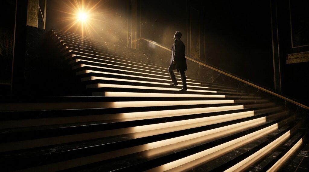 Gold steps rising to a star, how to ask for a promotion and move up