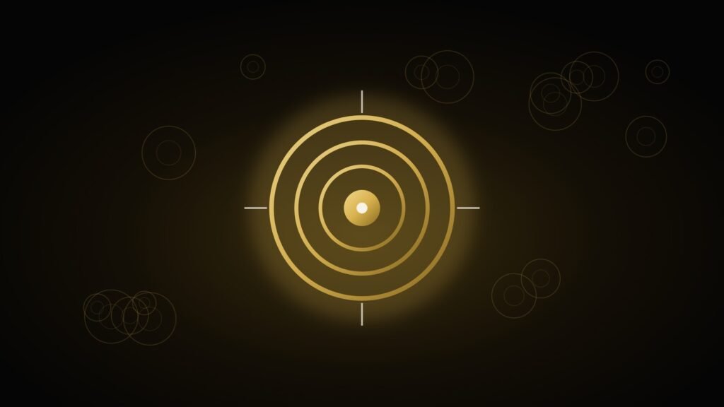 A single gold target ring standing out among faint outlines on a black background, symbolizing finding a profitable niche