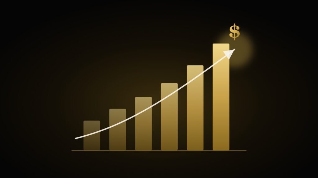 Gold ascending bars rising on a black background, symbolizing negotiating a raise