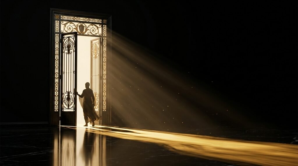 An open door spilling gold light, the moment you quit your job to start a business